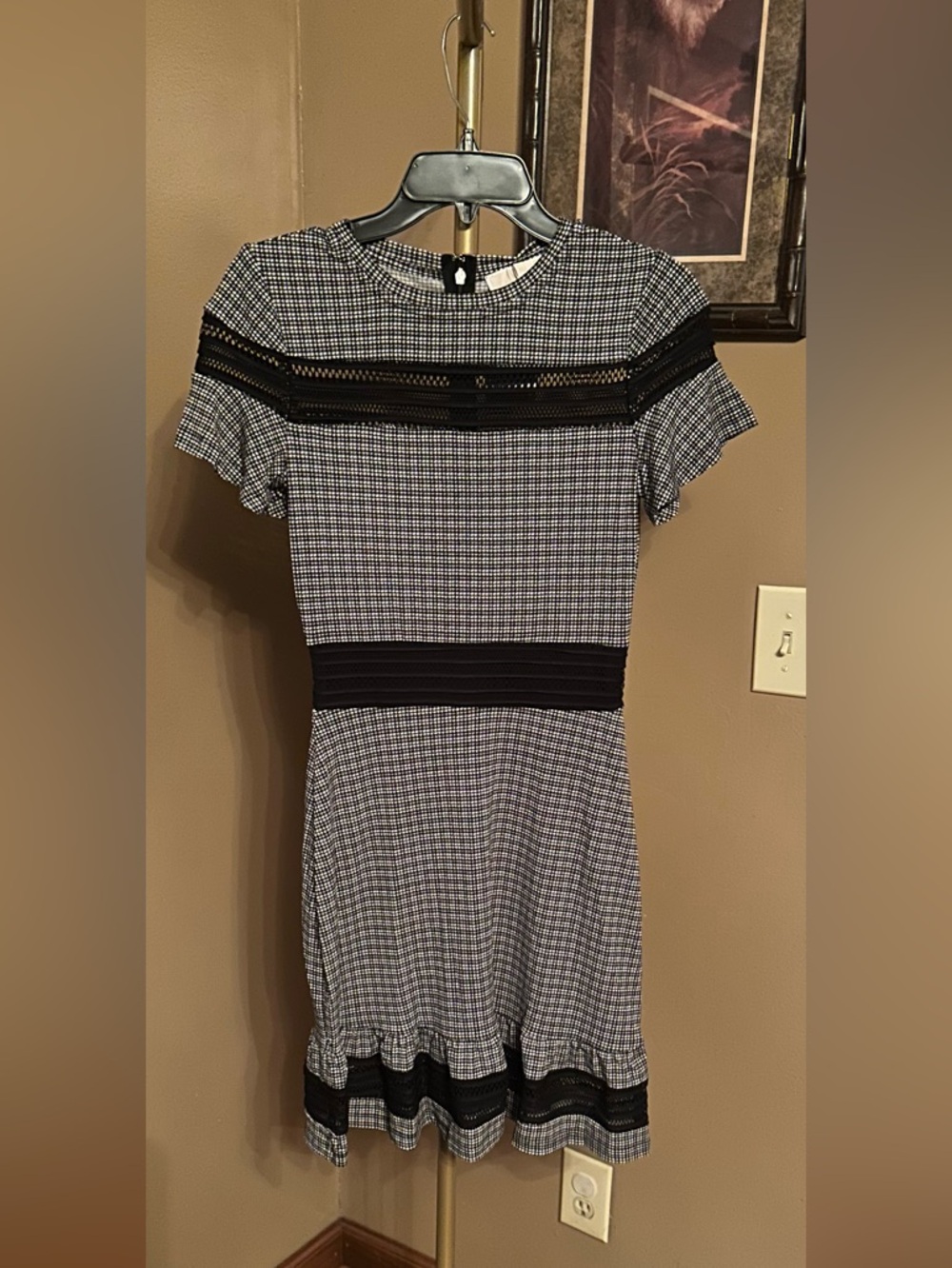 Michael Kors Black and White Gingham Mini Dress with Lace Trim